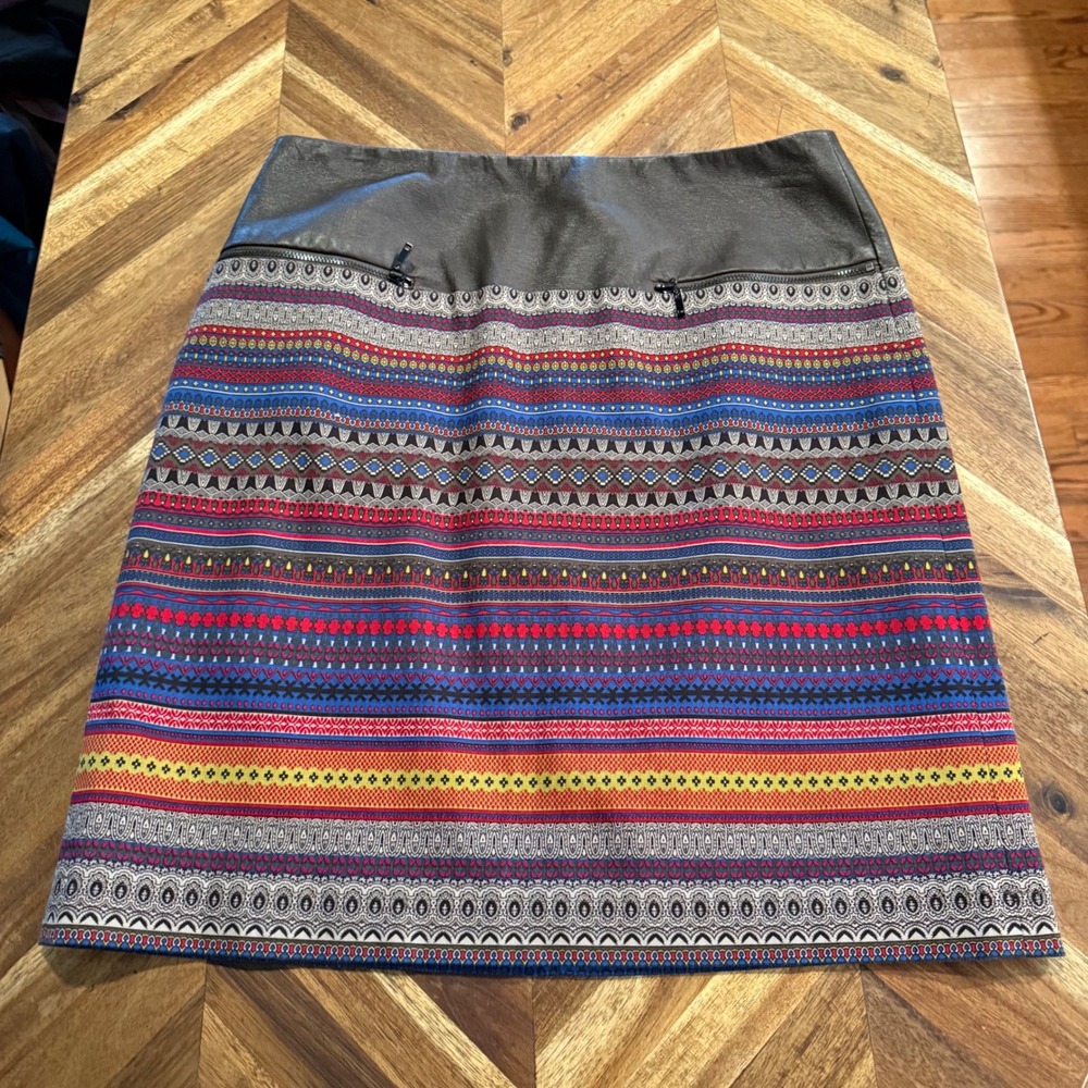 W By Worth Skirt Womens 6 Brown Faux Leather Trim Fair Isle Geometric Multicolor